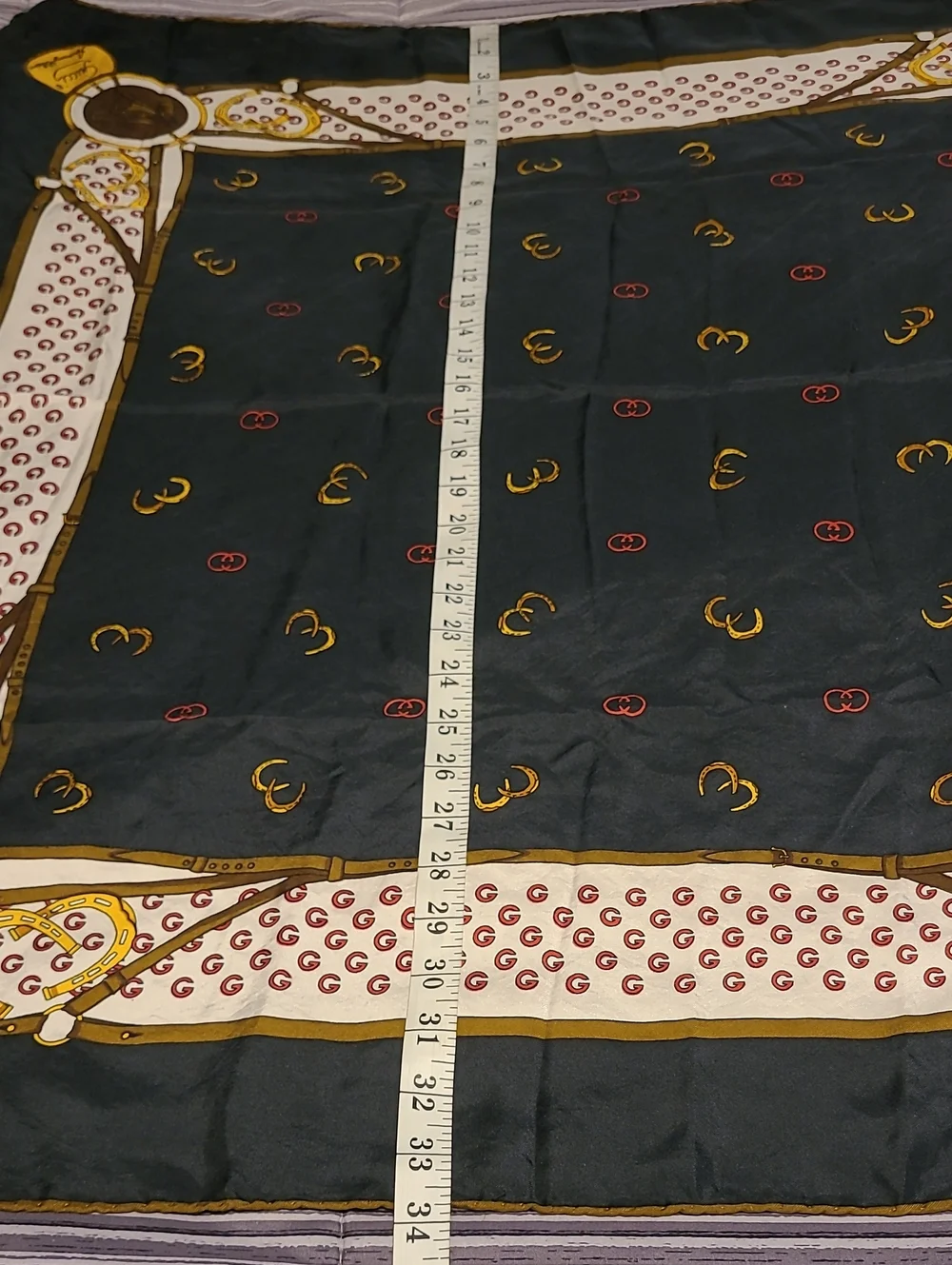 Vintage Gucci 100% Pure Silk Scarf Equestrian GG Logo Horse Head Medallions